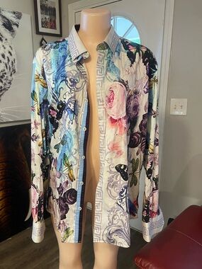 Barabas Luxury Men's Floral & Butterfly Print Long-Sleeve Shirt XL fashion top